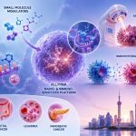 Scientific illustration of ALLYRNA’s RNA epigenetics-based cancer drug platform, showing small-molecule radio- and immunotherapy sensitizers targeting tumors including lung, rectal, blood and pancreatic cancers.