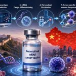 Illustration of China’s personalized mRNA cancer vaccine development, showing tumor sequencing, neoantigen prediction, mRNA vaccine production, vaccination and immune response against cancer cells.