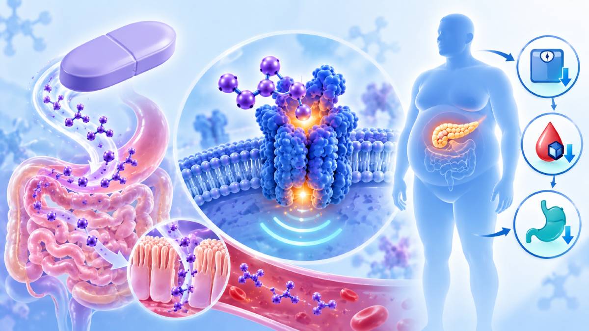 Illustration of Innovent Biologics’ IBI3042, a once-weekly oral GLP-1 receptor agonist, showing oral absorption, GLP-1 receptor activation and potential effects on weight loss, blood glucose and appetite.