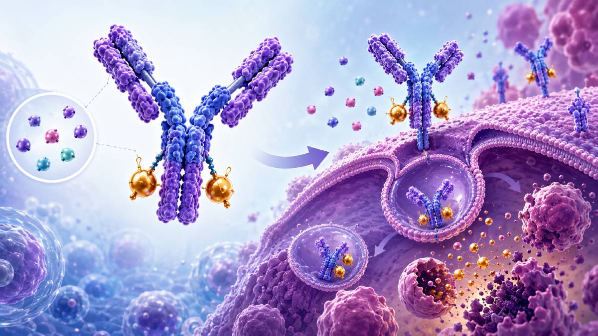 Illustration of LaNova Medicines’ LM-364, a tumor microenvironment-responsive Nectin-4 ADC, selectively binding to tumor cells, internalizing and releasing its cytotoxic payload.