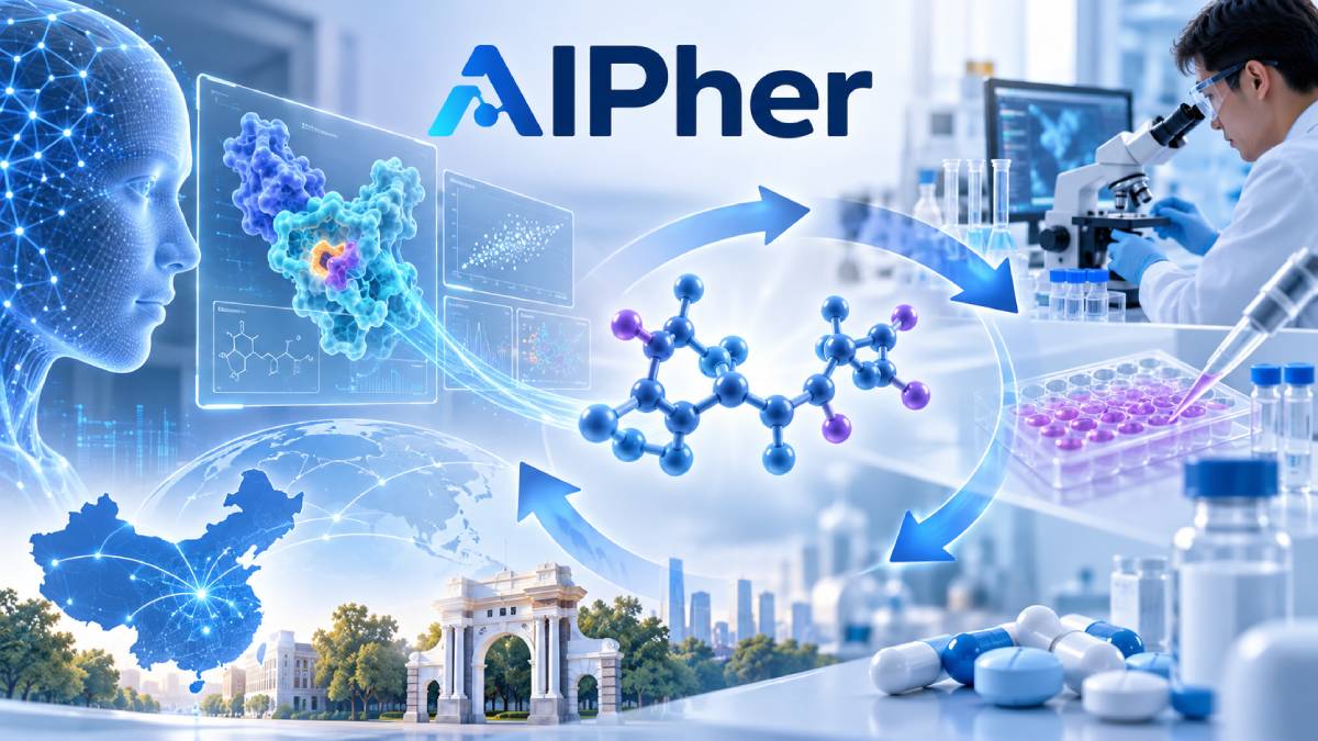 AIPher AI drug discovery illustration showing artificial intelligence, molecular design, laboratory validation and drug development in China.