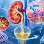 AR882 URAT1 inhibitor illustration showing increased renal uric acid excretion and reduced urate crystal accumulation and gout inflammation.