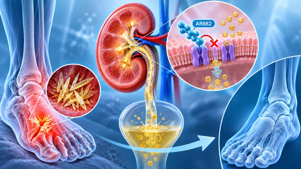 AR882 URAT1 inhibitor illustration showing increased renal uric acid excretion and reduced urate crystal accumulation and gout inflammation.
