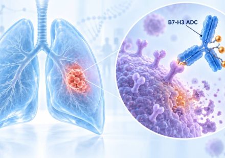 Illustration of lungs with a tumor and a magnified antibody-drug conjugate labeled B7-H3 ADC binding to a cancer cell.