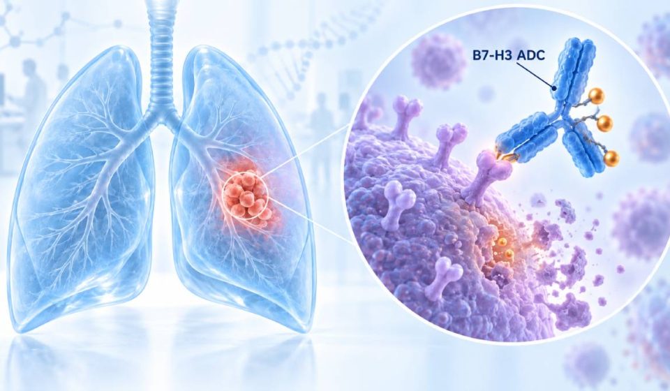 Illustration of lungs with a tumor and a magnified antibody-drug conjugate labeled B7-H3 ADC binding to a cancer cell.