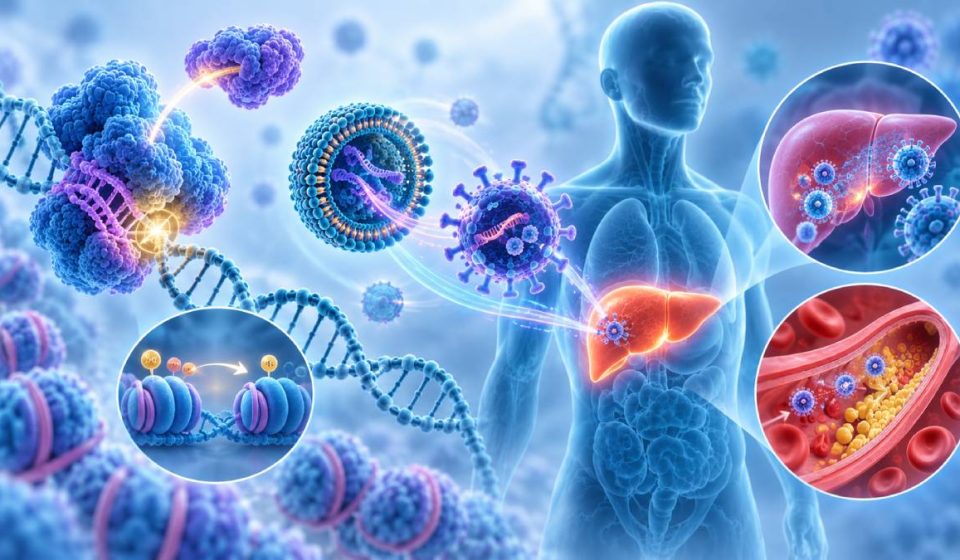 Biotech illustration of Lumiere Therapeutics’ epigenetic editing platform using LNP and VLP delivery to target liver disease, hepatitis B and hypercholesterolemia.