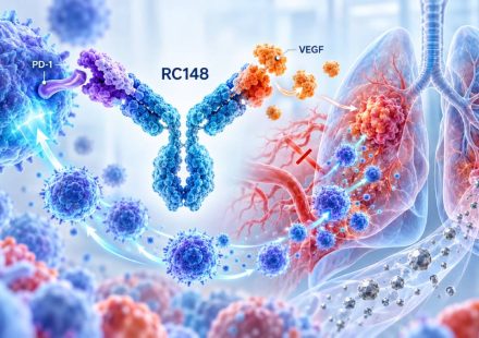 RC148 bispecific antibody simultaneously targeting PD-1 and VEGF as immune cells attack squamous and non-squamous lung tumors.