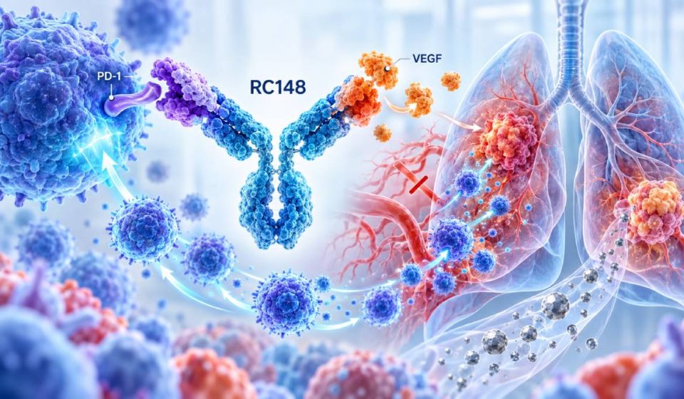 RC148 bispecific antibody simultaneously targeting PD-1 and VEGF as immune cells attack squamous and non-squamous lung tumors.