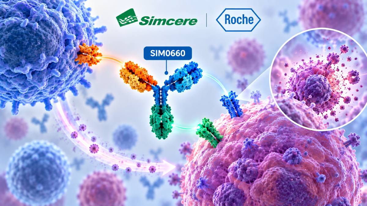 Illustration of Simcere Zaiming’s SIM0660 tri-specific antibody engaging CD3 on a T cell and CD19 and CD79a on a B cell to trigger B-cell killing.