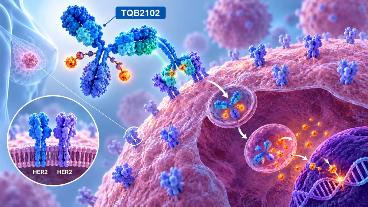 TQB2102 HER2 bispecific antibody-drug conjugate targeting HER2-low breast cancer cells and delivering a cytotoxic payload into the tumor cell.