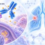 Illustration of a labeled Tam-Peli ADC binding to a cancer-cell receptor on the left, with translucent lungs and a highlighted tumor on the right.