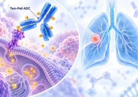 Illustration of a labeled Tam-Peli ADC binding to a cancer-cell receptor on the left, with translucent lungs and a highlighted tumor on the right.