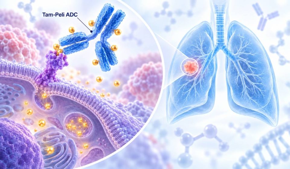 Illustration of a labeled Tam-Peli ADC binding to a cancer-cell receptor on the left, with translucent lungs and a highlighted tumor on the right.