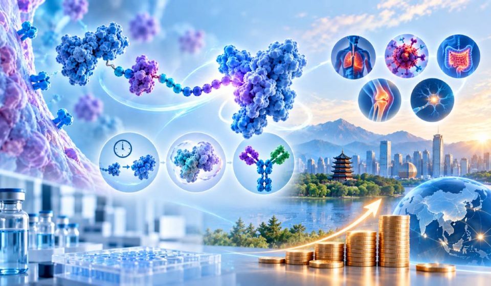 Illustration of Unike Biopharma’s ZT long-acting protein and peptide drug platform with engineered proteins, therapeutic applications, laboratory research, China biotech innovation, and financing represented by rising stacks of coins.