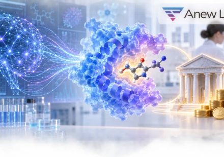 Anew Labs logo above an illustration of AI guided drug discovery, molecular research and financing.