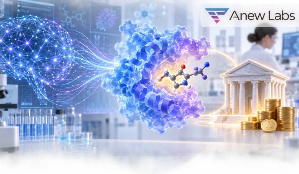Anew Labs logo above an illustration of AI guided drug discovery, molecular research and financing.