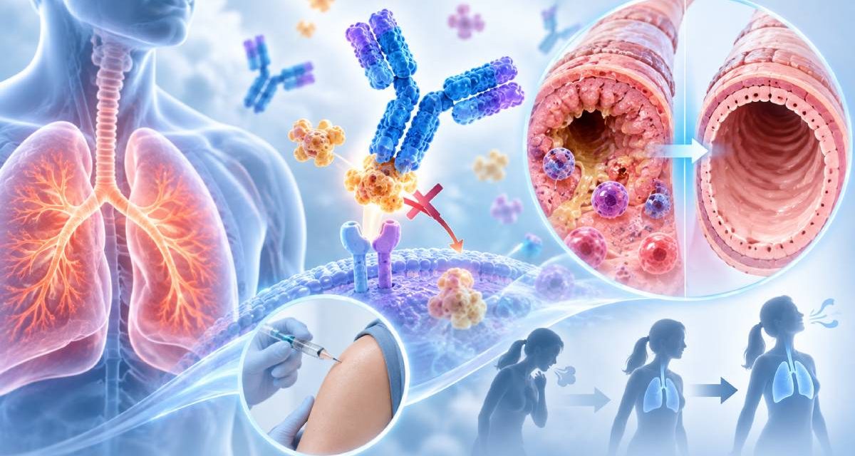 Illustration of WIN378/HBM9378 anti-TSLP antibody therapy blocking airway inflammation and improving lung function in patients with severe asthma.