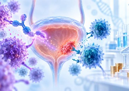Illustration of immune cells targeting a bladder tumor, with a bank and coins representing Forlong Biotech’s financing.