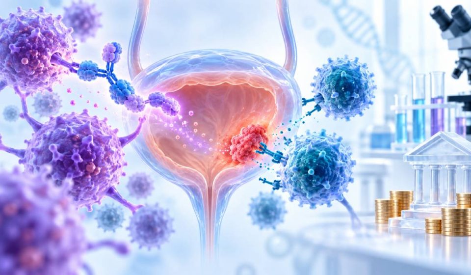Illustration of immune cells targeting a bladder tumor, with a bank and coins representing Forlong Biotech’s financing.