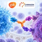 Illustration of a trispecific T-cell engager connecting a blue T cell to a purple multiple myeloma cell, with GSK and Chimagen Biosciences logos.
