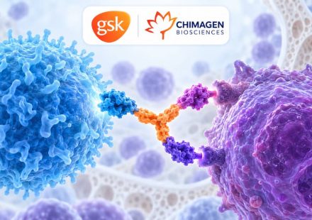 Illustration of a trispecific T-cell engager connecting a blue T cell to a purple multiple myeloma cell, with GSK and Chimagen Biosciences logos.