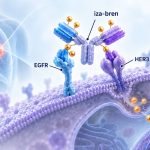 Illustration of iza-bren above EGFR and HER3 receptors on a lung cancer cell, with labeled targets and golden drug payloads.