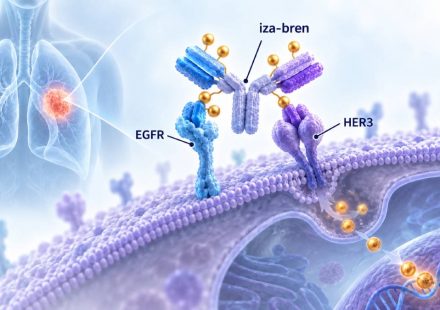 Illustration of iza-bren above EGFR and HER3 receptors on a lung cancer cell, with labeled targets and golden drug payloads.