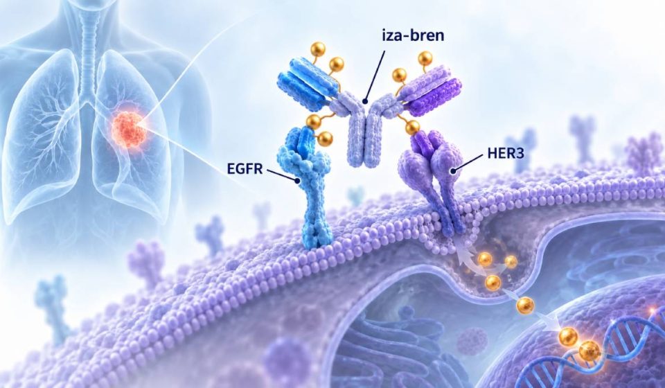 Illustration of iza-bren above EGFR and HER3 receptors on a lung cancer cell, with labeled targets and golden drug payloads.