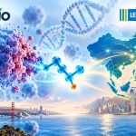 1cBio and Lee’s Pharm partnership illustration featuring a cancer cell, DNA, drug molecule, Asia map, San Francisco and Hong Kong, representing the OC-3 PARP1 inhibitor licensing agreement.