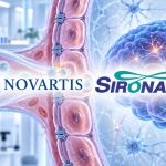 Novartis and Sironax logos over an illustration of therapeutic molecules crossing the blood-brain barrier and entering the brain.