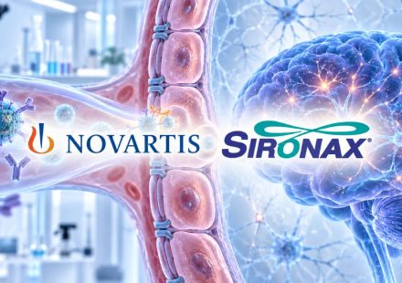 Novartis and Sironax logos over an illustration of therapeutic molecules crossing the blood-brain barrier and entering the brain.