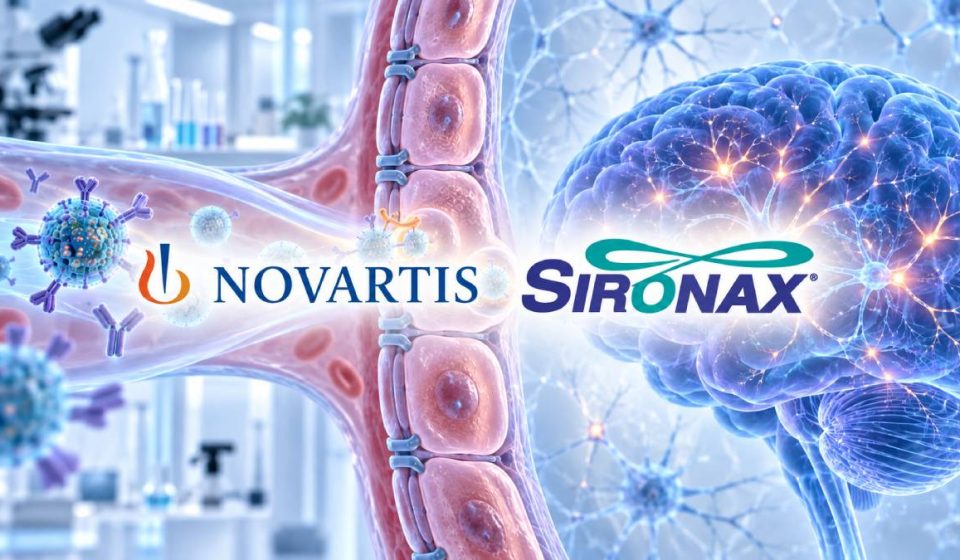 Novartis and Sironax logos over an illustration of therapeutic molecules crossing the blood-brain barrier and entering the brain.