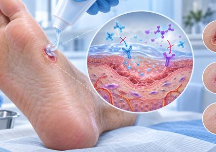 Illustration of topical gel applied to a diabetic foot ulcer, with magnified tissue and a bank and coins representing Medinno’s financing.
