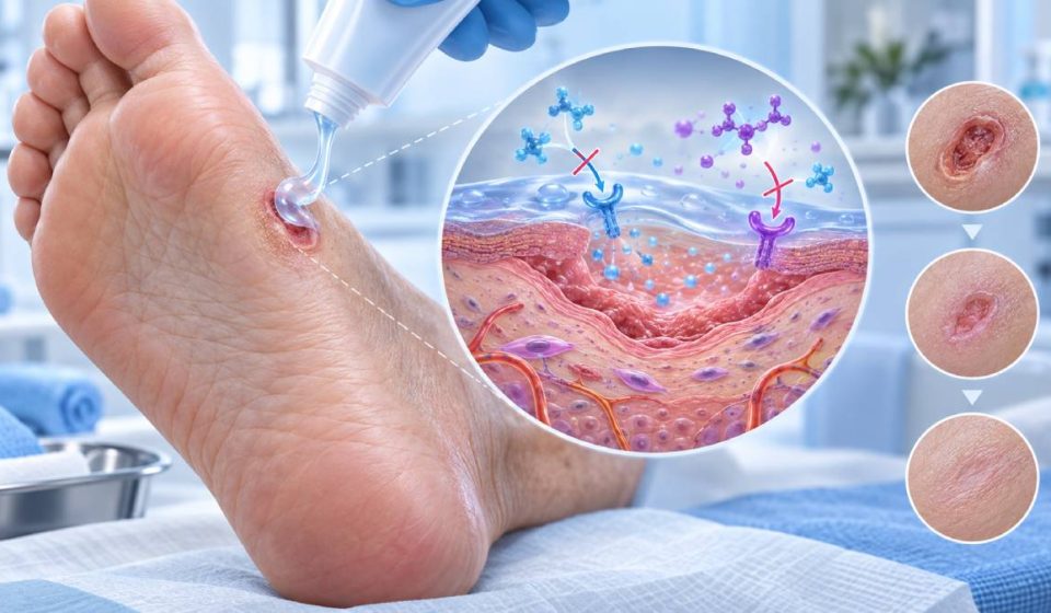 Illustration of topical gel applied to a diabetic foot ulcer, with magnified tissue and a bank and coins representing Medinno’s financing.